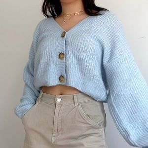 balloon sleeve cropped cardigan in blue